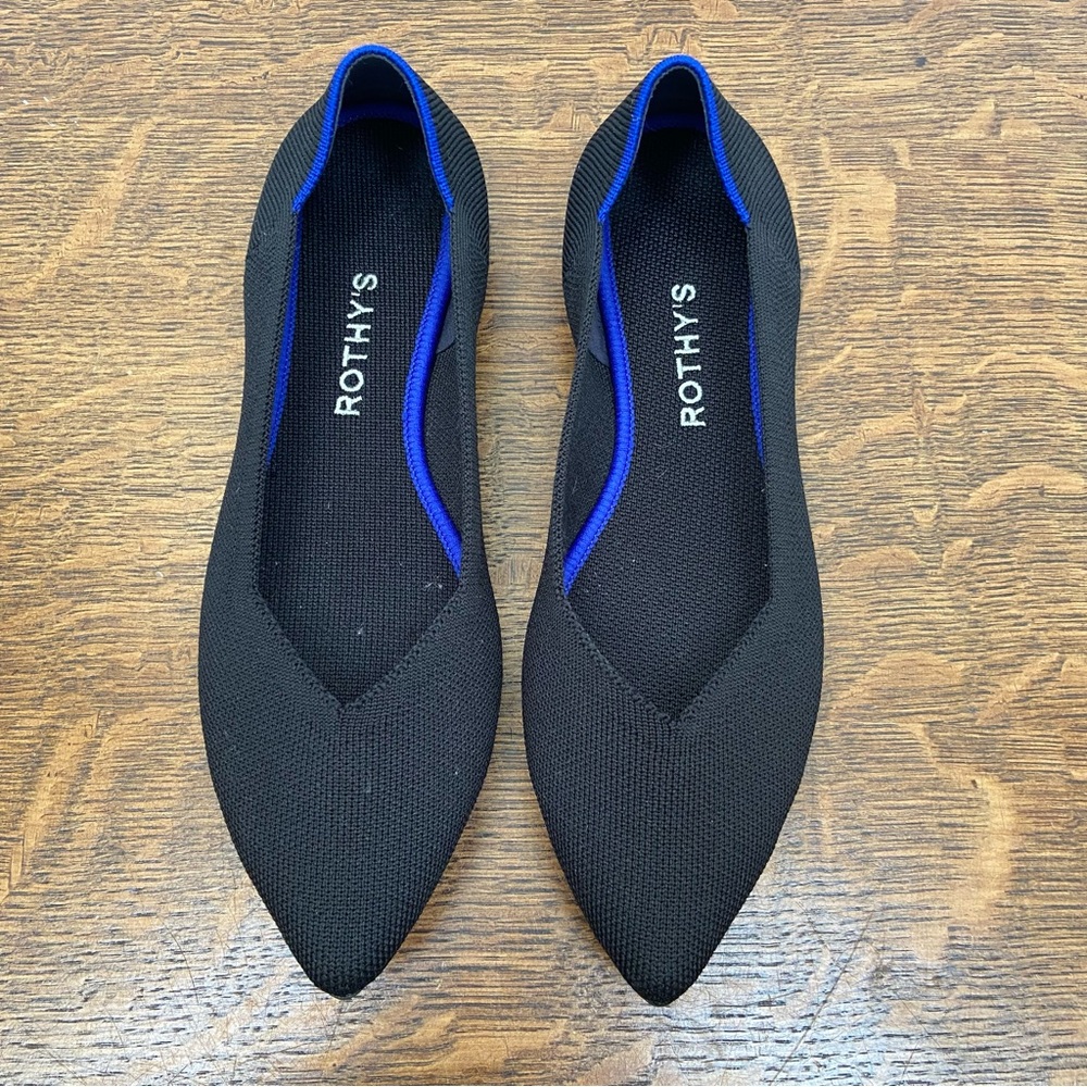 ROTHYS THE POINT SOLID BLACK KNIT WASHABLE SLIP ON POINTED TOE CLASSIC FLATS
